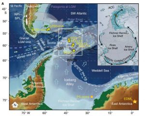 Diagram showing drill sites in the Drake Passage near the Antarctic Peninsula, as well as an insert map of Antarctica showing a counter clockwise circulation of icebergs around the continent.