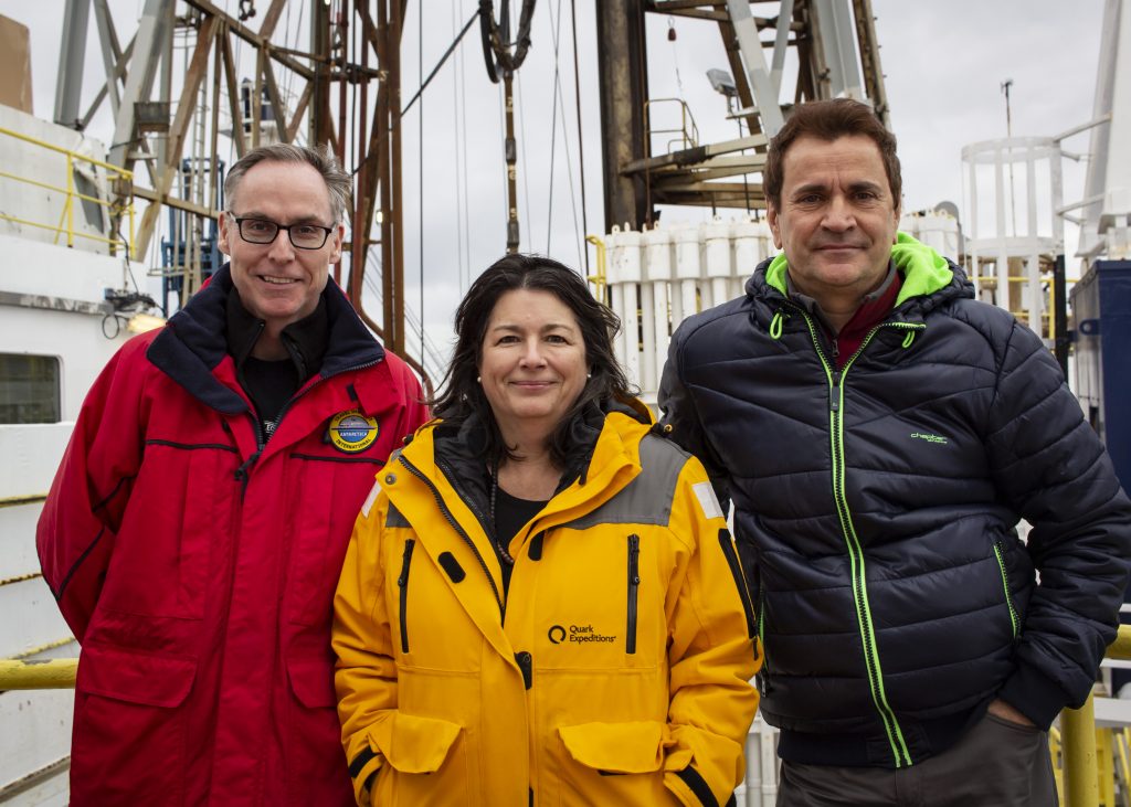 The staff scientist (left, Trevor Williams) and co-chiefs (center and right, Mo Raymo and Mike Weber) of Expedition 382 to Iceberg Alley.