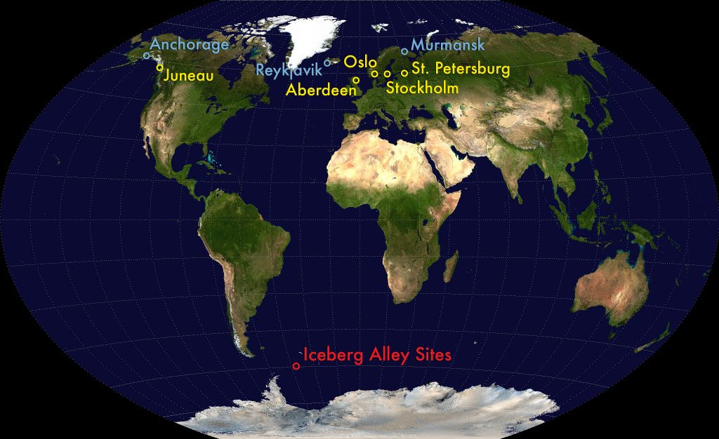 A satellite map of the world showing the locations of Ancorage, Juneau, Reykjavik, Aberdeen, Oslo, Stockholm, St. Petersburg, and Murmansk in the north and the Iceberg Alley sites in the south.