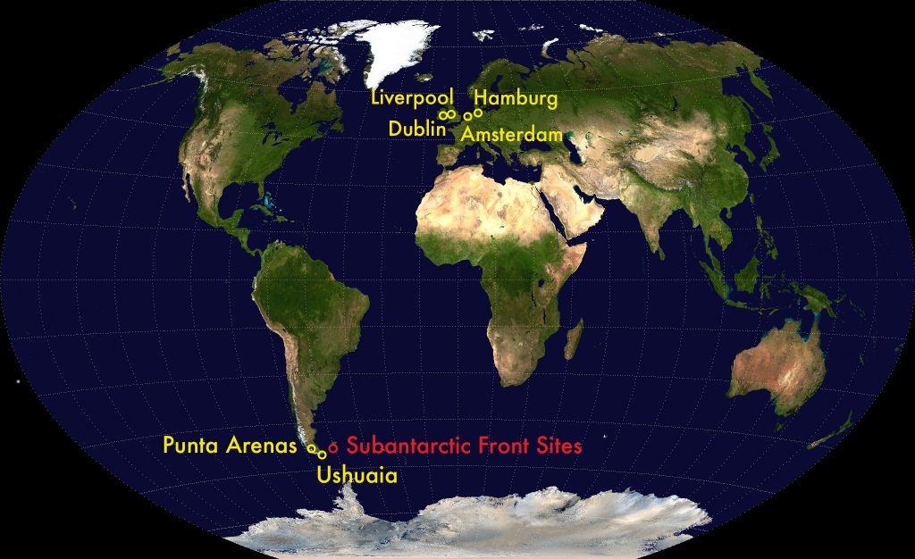 A satellite map of the world showing the locations of Liverpool, Hamburg, Dublin, and Amsterdam in the north, and Punta Arenas, Ushuaia, and the Subantarctic Front sites in the south. 