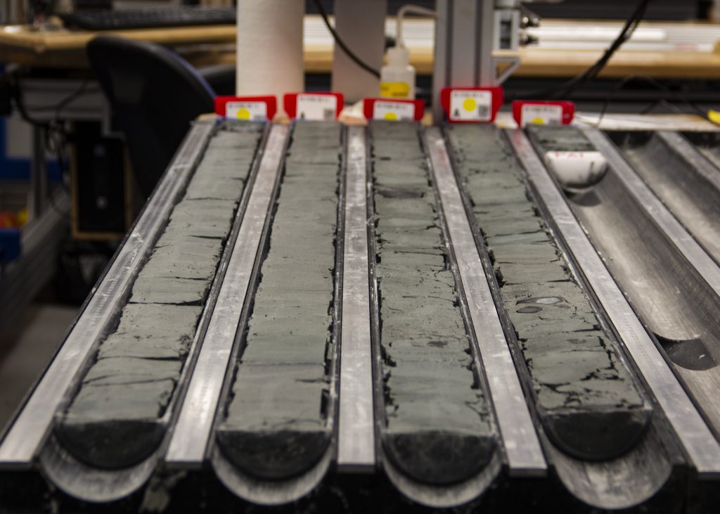 Four sediment cores on a table.