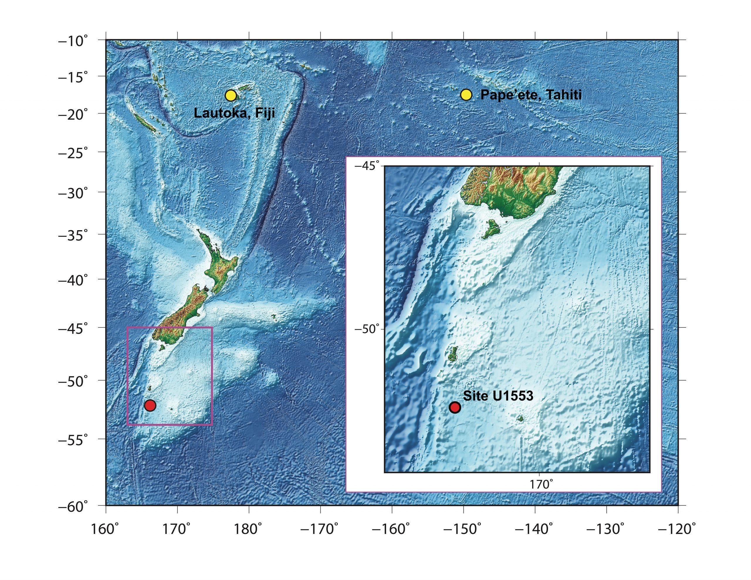 A map showing the planned drill site for Expedition 378. The drill site is slightly to the South of New Zealand. The map also highlights the beginning port of Lautoka, Fiji, and the ending port of Pape'ete, Tahiti