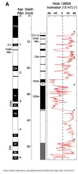 A set of paleomagnetics data. The right side is a line graph of magnetic inclination, with a scale going from -80 to +80. The left side is a column of black and white stripes like what was on the geologic time scale. When the line graph dips into the negative numbers, the paleomagnetism column shows the color black. When the line graph is mostly in the positive, the column shows white.