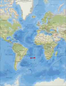 A map of the Atlantic Ocean showing the Americas, Africa, Europe, and the Mid-Atlantic Ridge 