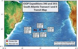 A zoomed in map of EXP 390 & 393 drilling sites in the South Atlantic Ocean 