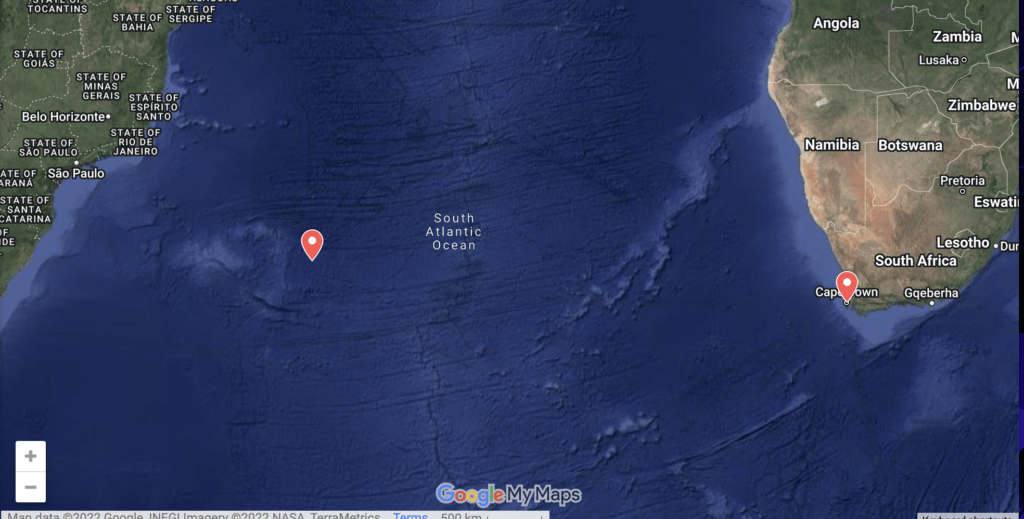 map of South Atlantic Ocean with two Google placemarks