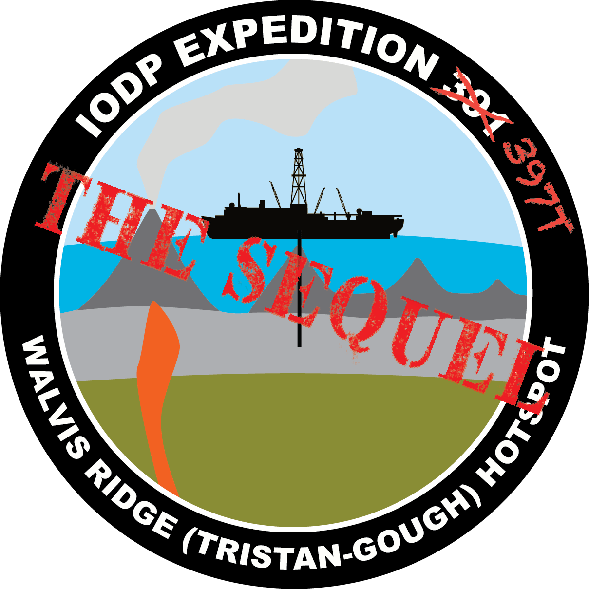 Expedition 391 patch featuring the JR drilling into a hotspot volcano. Modified with 397T written over 391 and "THE SEQUEL" printed over the patch.