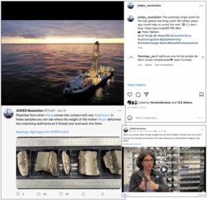 Top: Screenshot from JR Instagram showing the ship at sunset as viewed from a drone. Bottom left: Screenshot from JR Twitter showing pepperite features in a core. Bottom right: Screenshot from JR Facebook showing video of scientist.