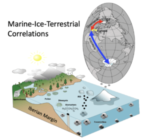 Cartoon showing arrows to link the Arctic and Antarctic to the Iberian margin, along with the presence of foraminifera and pollen and other biomarkers in Iberian margin waters.