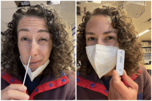 (Left) Maya swabs her nose, (Right) Maya, smiling behind her mask, shows off another negative test.
