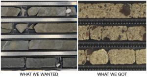 Left: Basalt cores from Expedition 391 labeled "WHAT WE WANTED" Right: Breccia from Expedition 397T labeled "WHAT WE GOT"