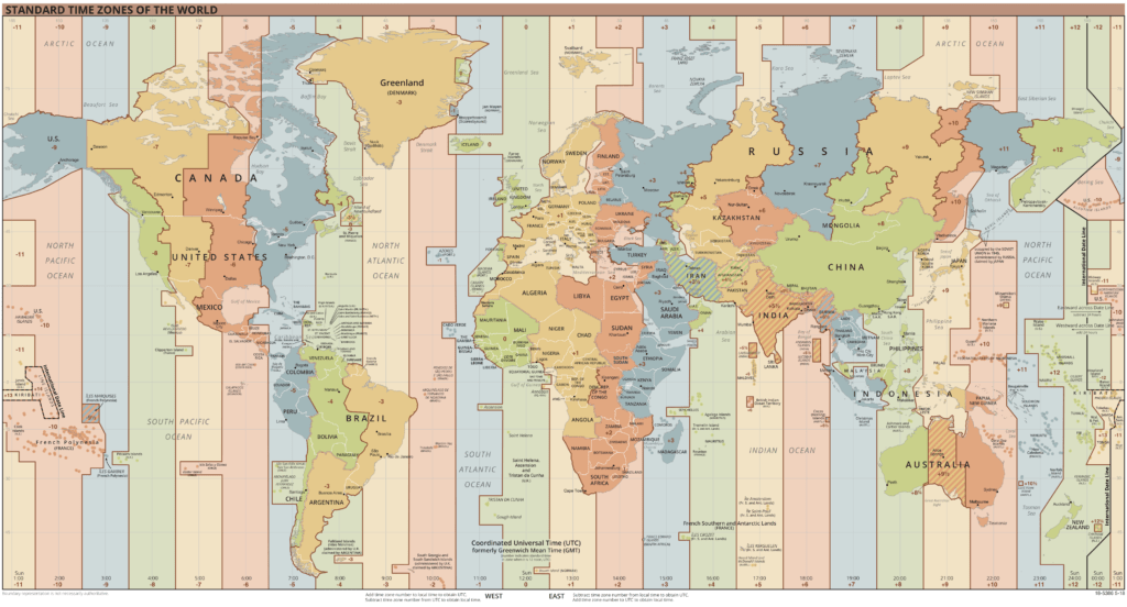 A map of the world, color coded to show the 24 time zones (one time zone per 15º longitude).