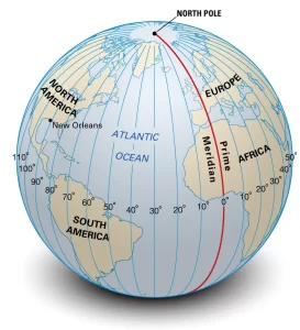 A globe showing lines of longitude every 10º with the Prime Meridian in red.
