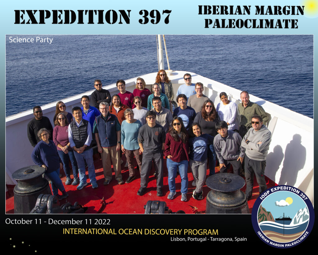 Members of the Expedition 397 science party on the bow of the ship.