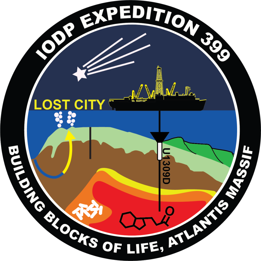 IODP EXPEDITION 399 patch featuring a shooting star in the sky above a silhouette of the JR outlined in yellow drilling into a raised area of seafloor with pill-shaped microorganisms and an organic molecule.