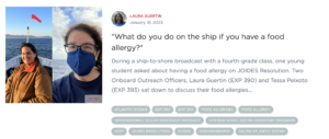 Screenshot from the StoryCorps archive showing Laura Guertin and Tessa Peixoto, with the conversation title "What do you do on the ship if you have a food allergy?"
