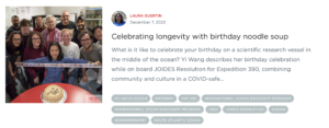 Screenshot from the StoryCorps archive showing a birthday party on the JR, with the conversation title "Celebrating longevity with birthday noodle soup"