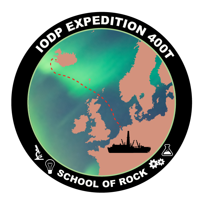 IOPD Expedtion 400T patch showing the silhouette of the JOIDES Resolution over Amsterdam with a dotted red line showing the path from Iceland. Text says "School of Rock"