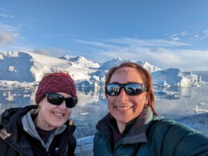 Beth and Michelle in front of glaciers in Disko Bay, Greenland