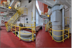 The image on the right shows a ship's deck with a large grey pillar behind a yellow rail. The image n the right shows a yellow rail behind which is visible the top of large pillar. the floor is red.