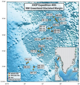Map showing drill sites off NW Greenland for expedition 400