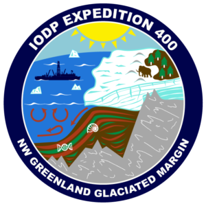 Expedition 400 patch. Greenland ice sheet, JOIDES ship, and ocean sediments.