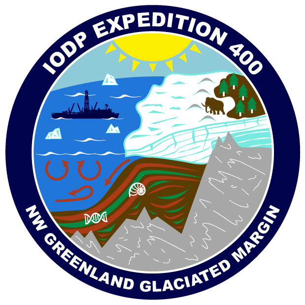 Expedition 400 patch. Greenland ice sheet, JOIDES ship, and ocean sediments.