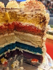 Multilayered cake with frosting.