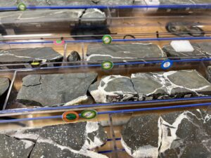 Basalt rock core halves are laid side by side on a table. There are small round stickers of differing color and letter patterns placed on the plastic core liners next to different parts of the rock.