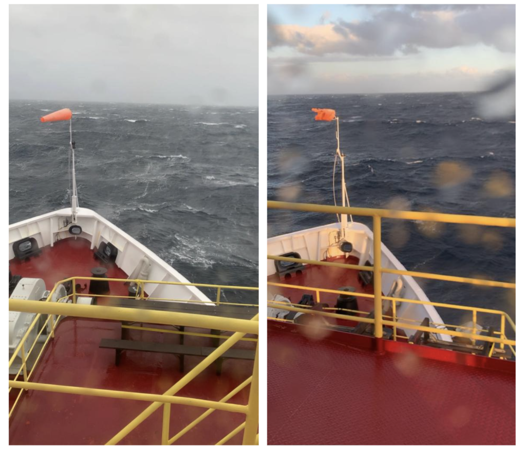 Left: Bow of the JOIDES Resolution overlooking gray, stormy skies and high, white-peaked waves. Right: Bow of the JOIDES Resolution overlooking clear skies and calmer waves. The windsock is torn.
