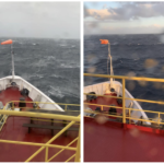 Left: Bow of the JOIDES Resolution overlooking gray, stormy skies and high, white-peaked waves. Right: Bow of the JOIDES Resolution overlooking clear skies and calmer waves. The windsock is torn.