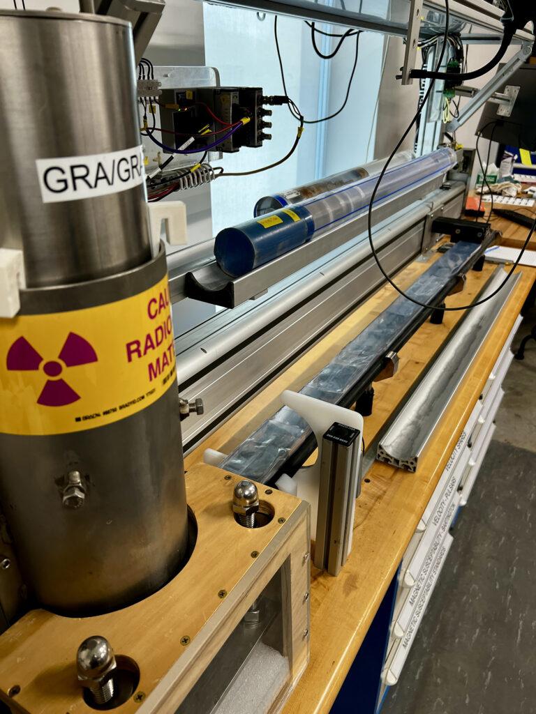 Alejandro Mundo using the WRMSL to study the Gamma Ray Attenuation (GRA) to see how dense the rock is from cores